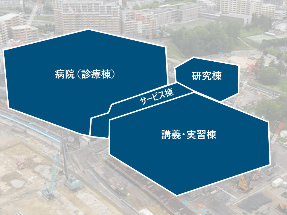 病院（診療棟、研究棟、サービス棟）と講義・実習棟 テキスト