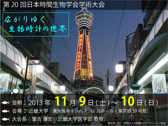 第20回日本時間生物学会学術大会|会期:平成25年11月9日(土)~10日(日)、会場:近畿大学,東大阪キャンパス,11月ホール・39号館、会長:重吉康史(近畿大学医学研究科教授)
